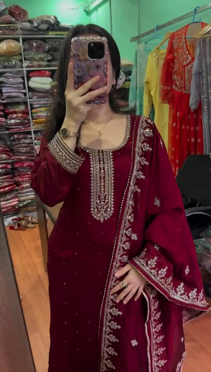 Maroon Chinnon Silk Embroidered Top Pant and Dupatta For Party Wear