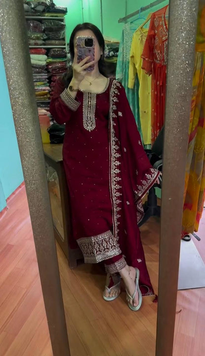 Maroon Chinnon Silk Embroidered Top Pant and Dupatta For Party Wear