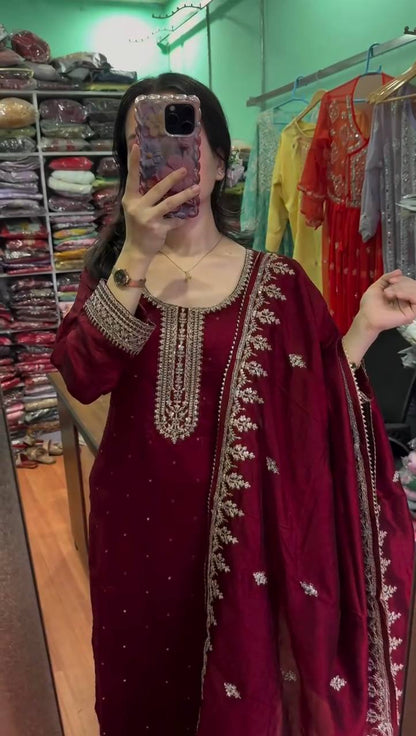 Maroon Chinnon Silk Embroidered Top Pant and Dupatta For Party Wear