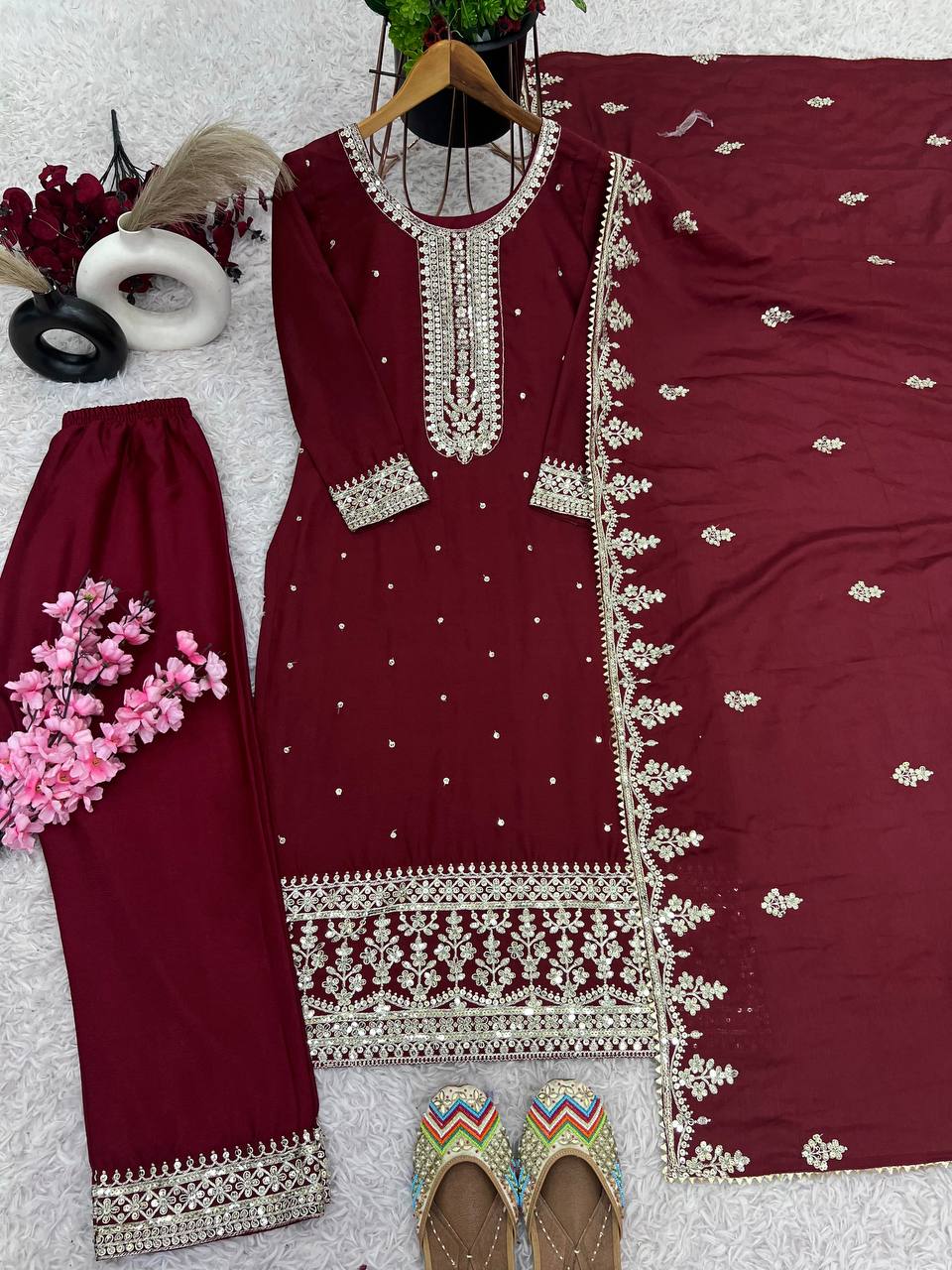 Maroon Chinnon Silk Embroidered Top Pant and Dupatta For Party Wear