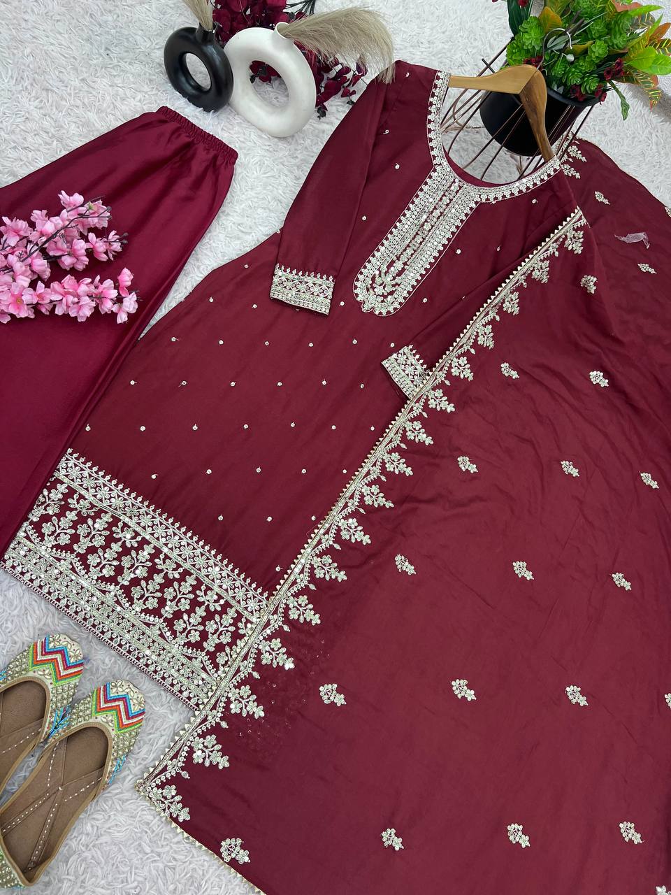 Maroon Chinnon Silk Embroidered Top Pant and Dupatta For Party Wear