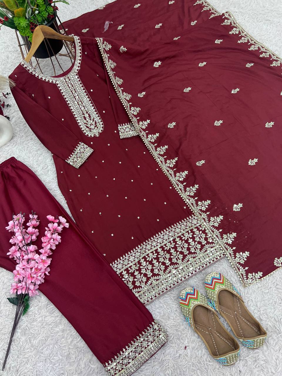 Maroon Chinnon Silk Embroidered Top Pant and Dupatta For Party Wear