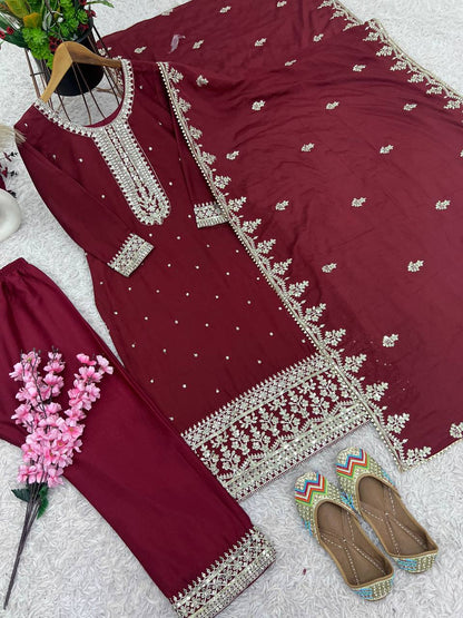 Maroon Chinnon Silk Embroidered Top Pant and Dupatta For Party Wear