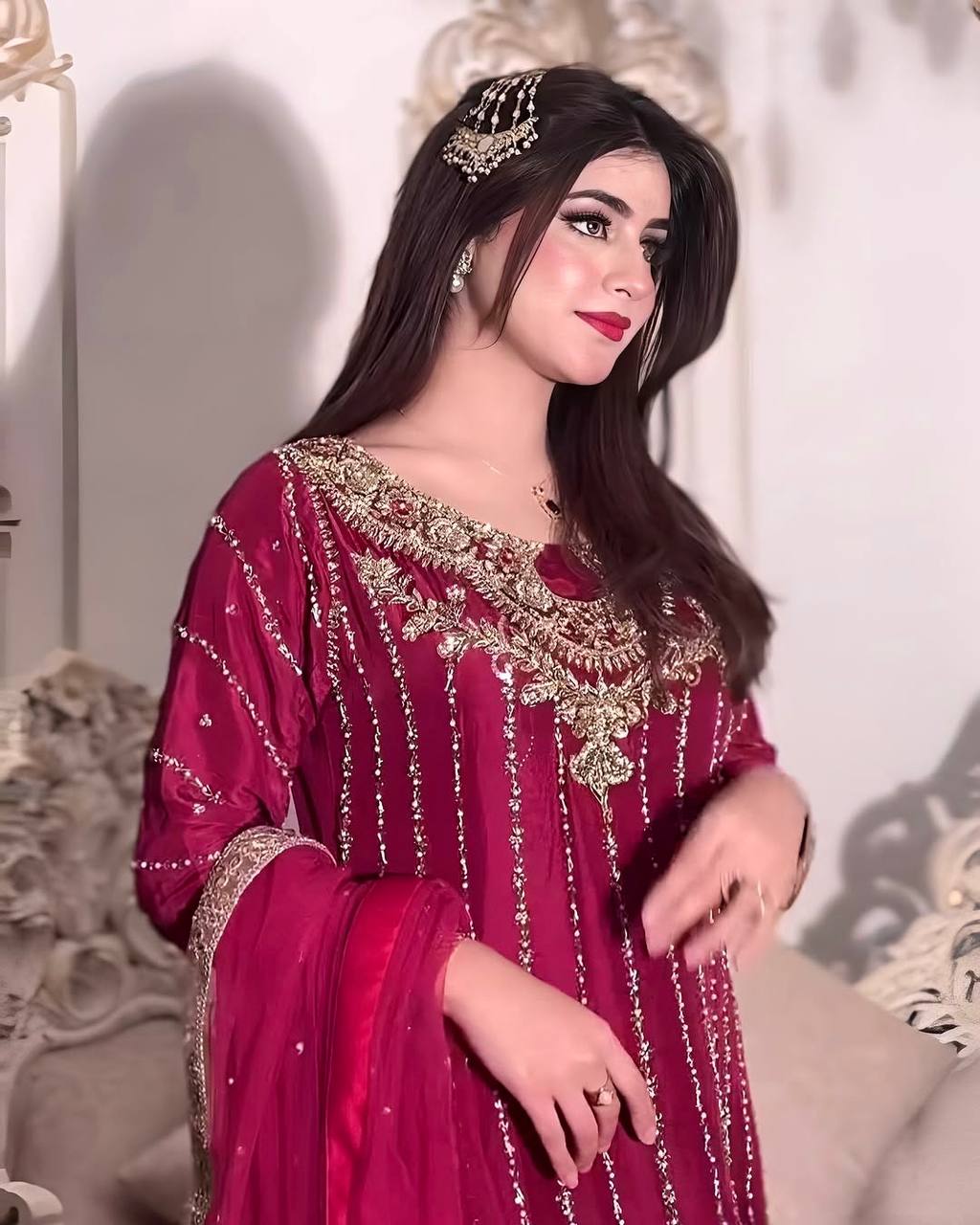 Maroon Designer Chinon Silk Plazzo Long Top and Dupatta For Party Wear