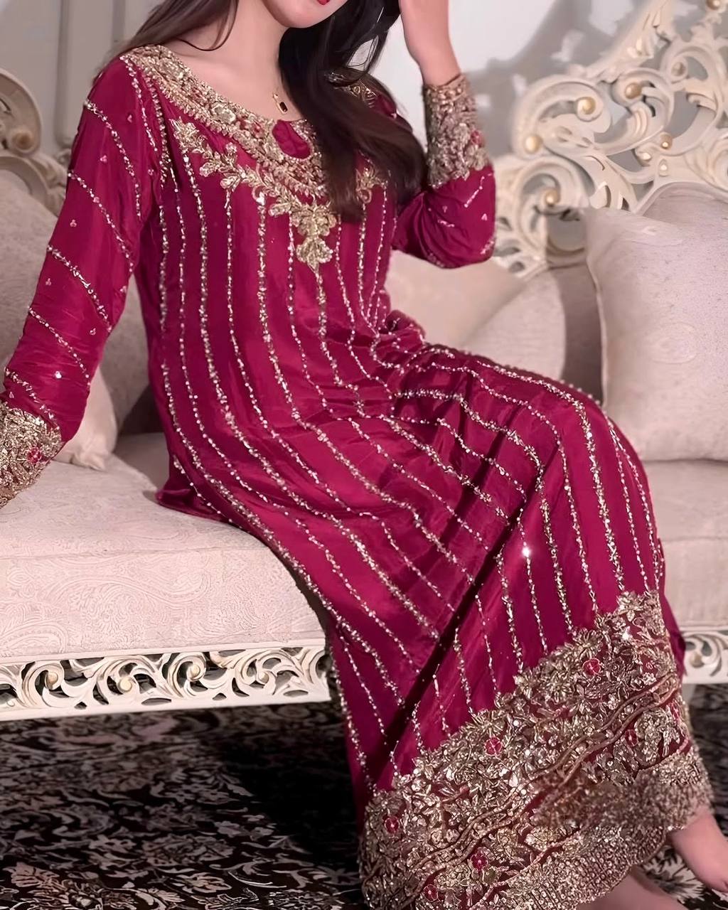 Maroon Designer Chinon Silk Plazzo Long Top and Dupatta For Party Wear