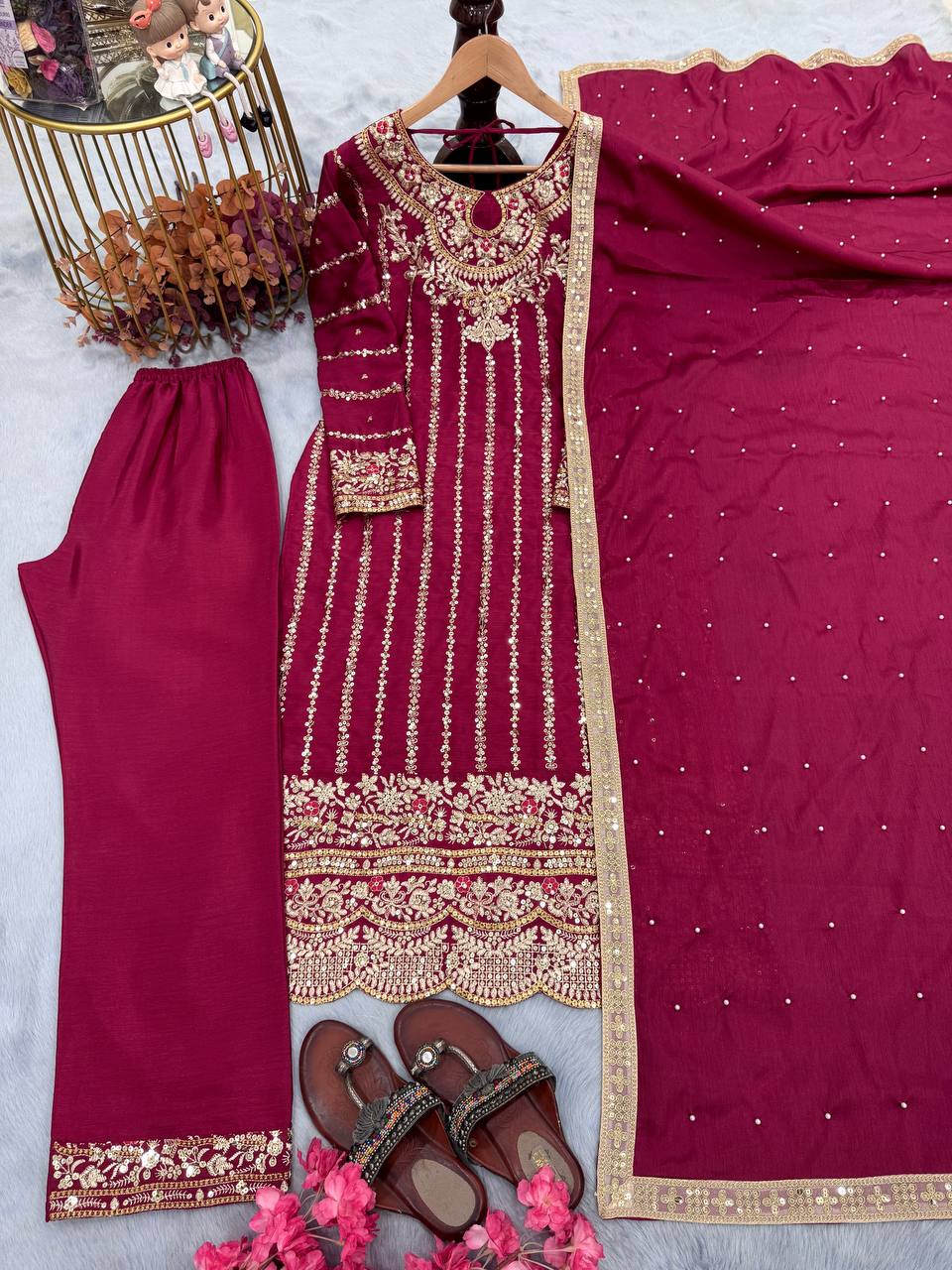 Maroon Designer Chinon Silk Plazzo Long Top and Dupatta For Party Wear