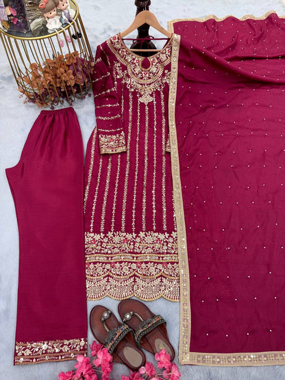 Maroon Designer Chinon Silk Plazzo Long Top and Dupatta For Party Wear