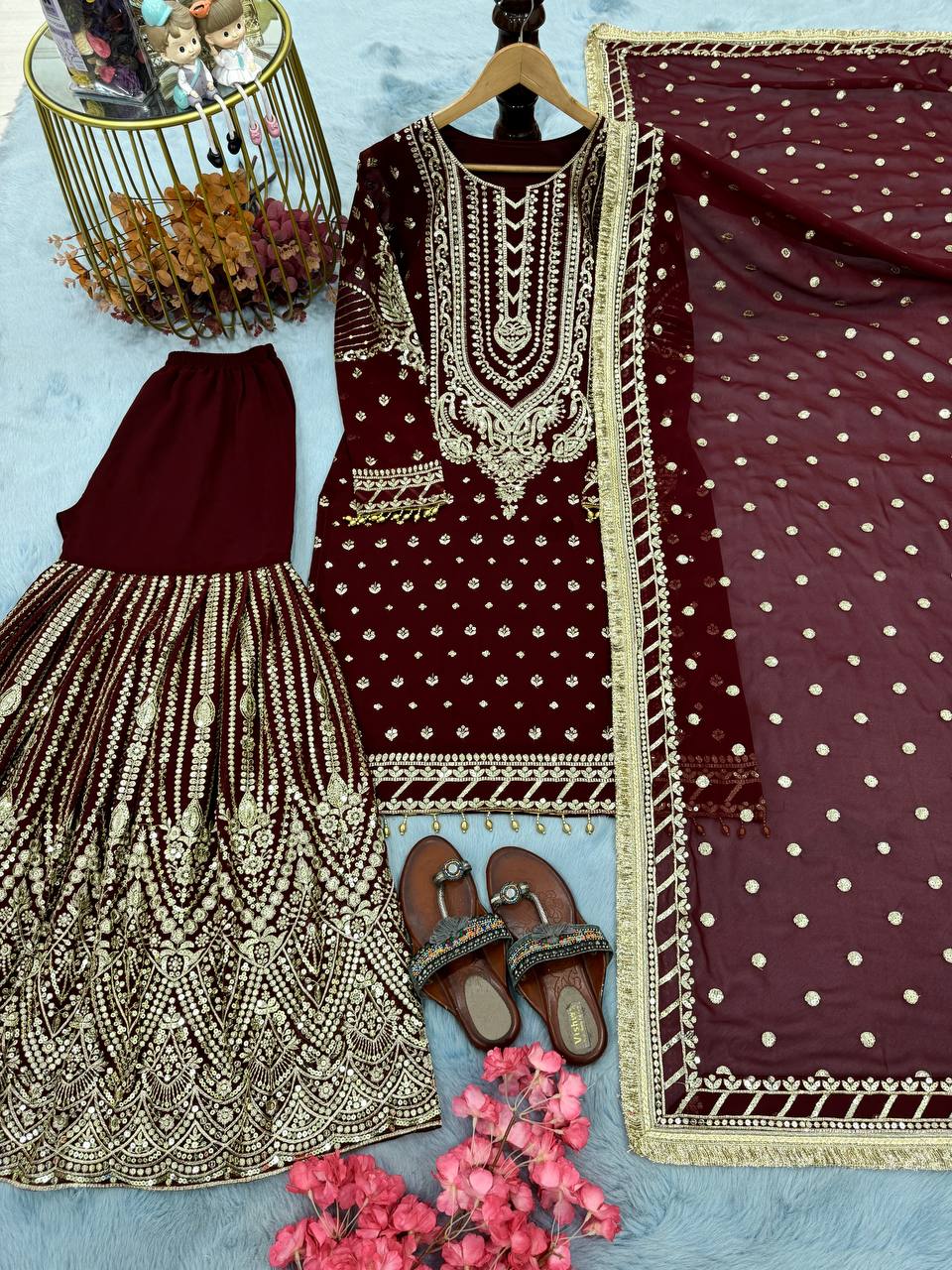 Maroon Designer Farshi Plazzo Top and Dupatta For Nikah Wear