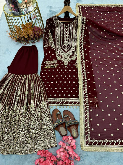 Maroon Designer Farshi Plazzo Top and Dupatta For Nikah Wear