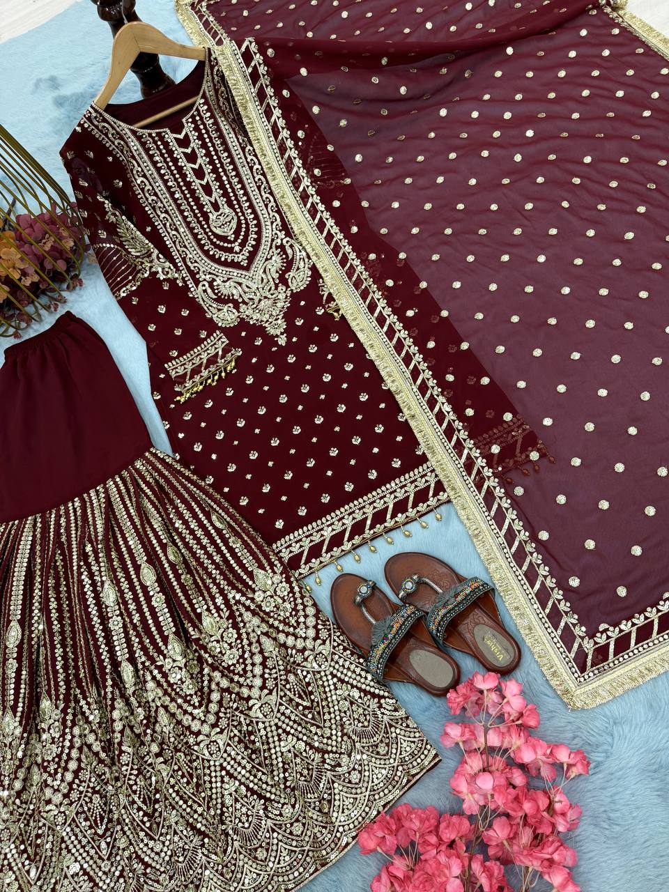 Maroon Designer Farshi Plazzo Top and Dupatta For Nikah Wear