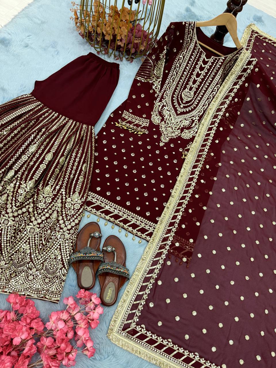 Maroon Designer Farshi Plazzo Top and Dupatta For Nikah Wear