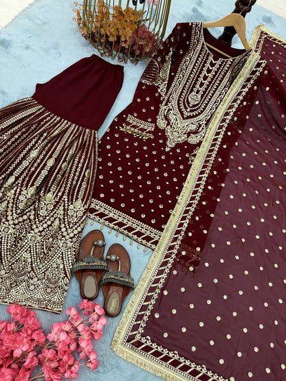 Maroon Designer Farshi Plazzo Top and Dupatta For Nikah Wear