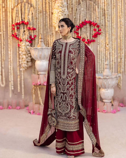 Maroon Designer Faux Georgette Chain Palazzo suit Dupatta For Party Wear