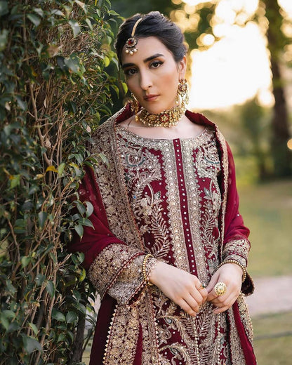 Maroon Designer Faux Georgette Chain Palazzo suit Dupatta For Party Wear