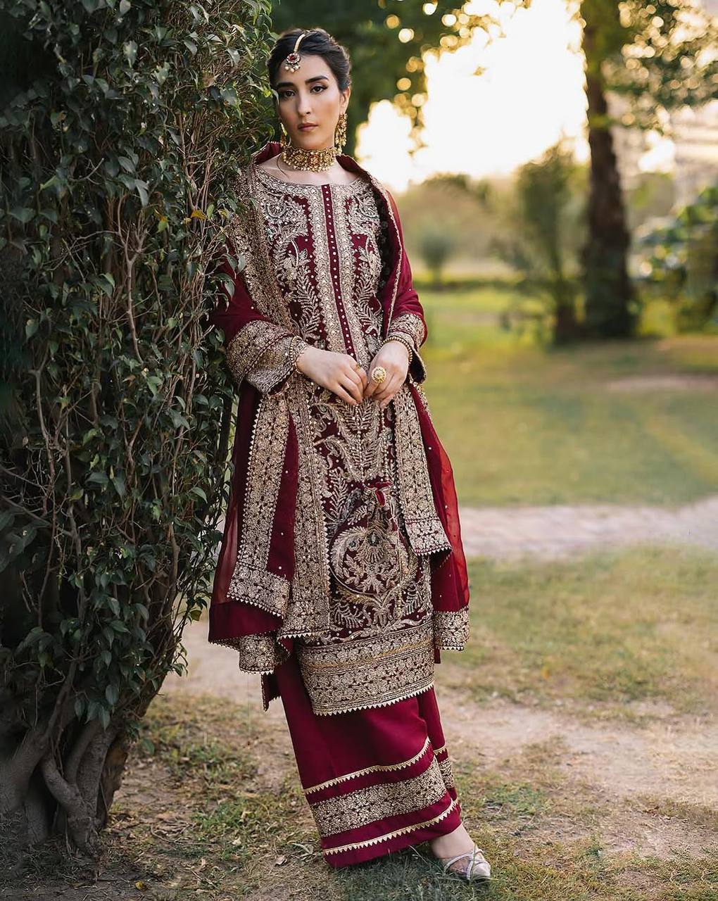 Maroon Designer Faux Georgette Chain Palazzo suit Dupatta For Party Wear