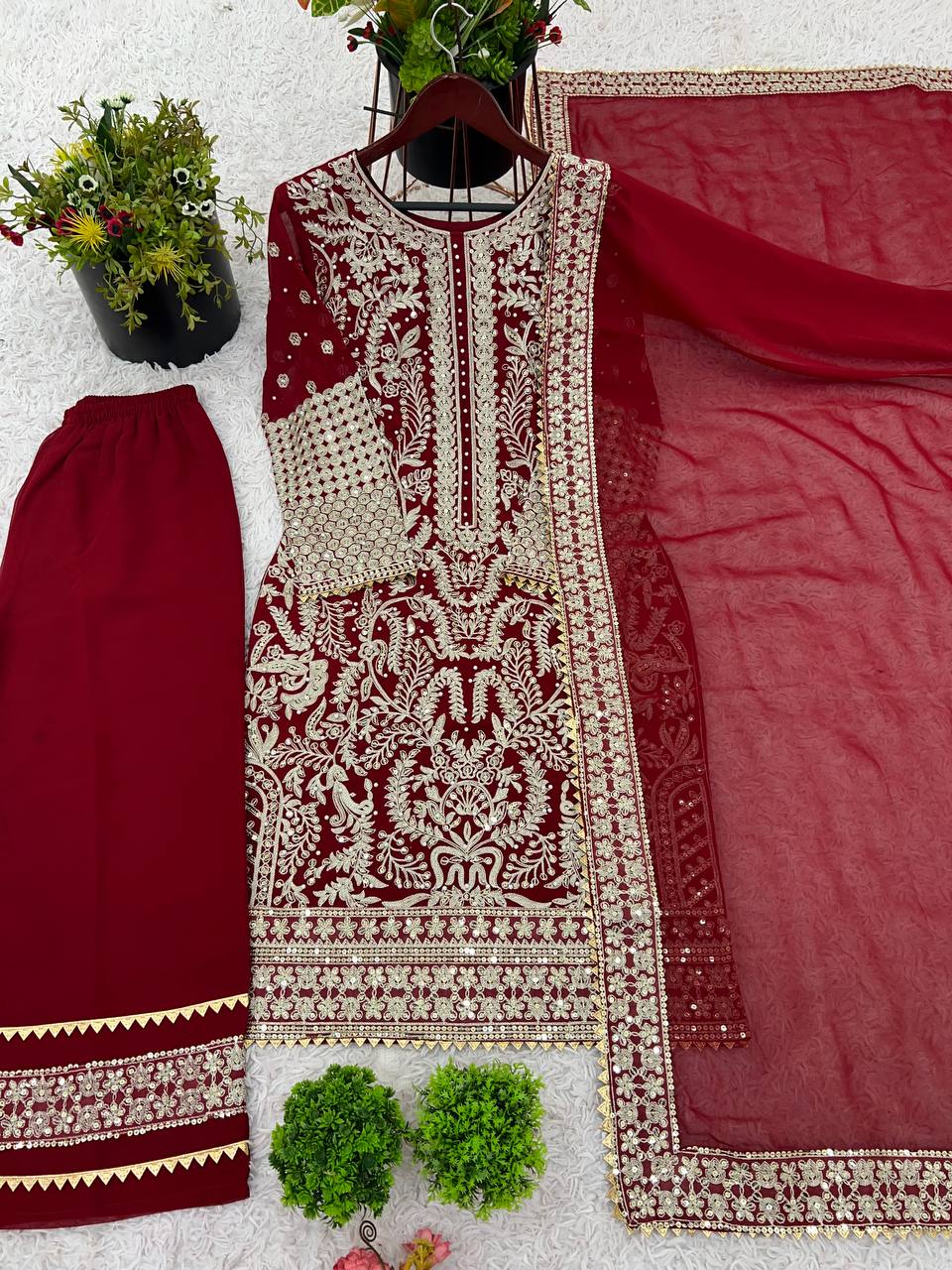 Maroon Designer Faux Georgette Chain Palazzo suit Dupatta For Party Wear