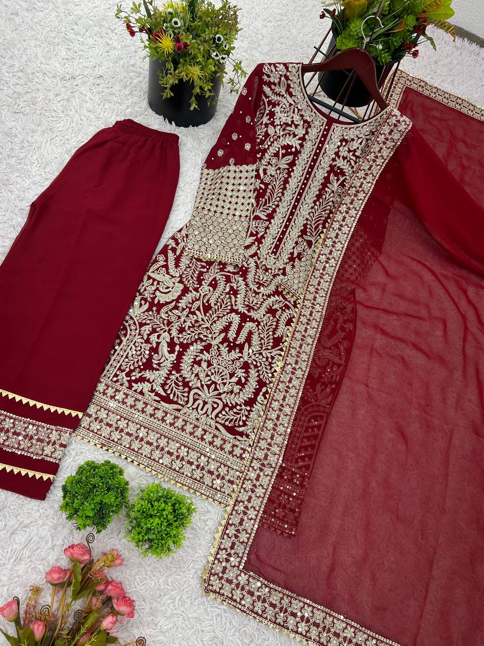 Maroon Designer Faux Georgette Chain Palazzo suit Dupatta For Party Wear