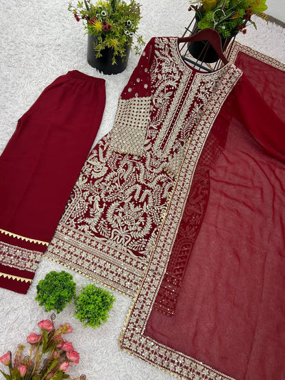 Maroon Designer Faux Georgette Chain Palazzo suit Dupatta For Party Wear