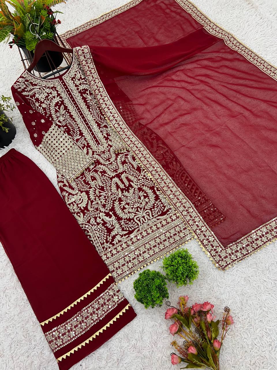 Maroon Designer Faux Georgette Chain Palazzo suit Dupatta For Party Wear