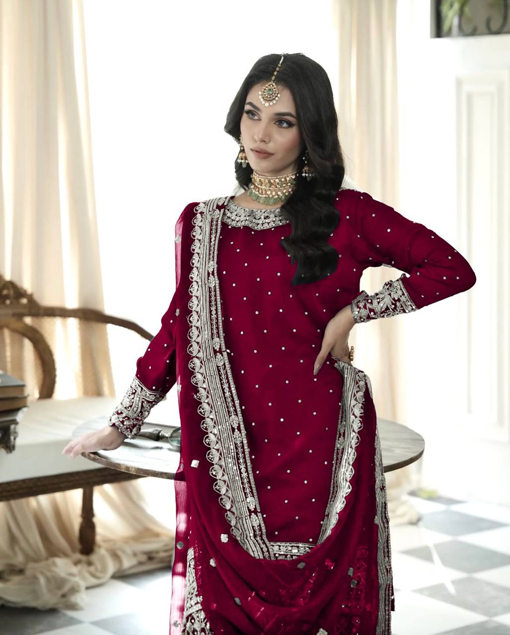 Maroon Designer Faux Georgette Embroidered Gharara Top and Dupatta