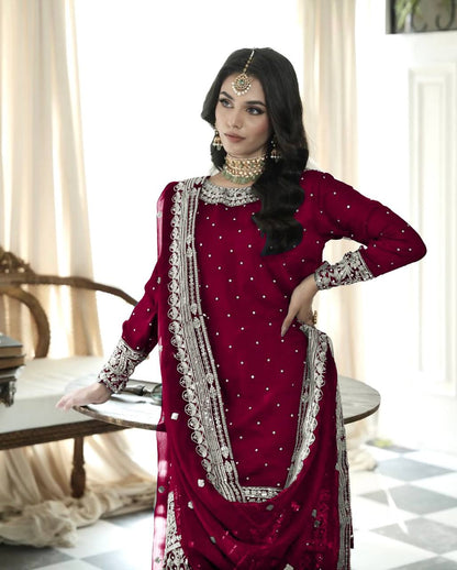Maroon Designer Faux Georgette Embroidered Gharara Top and Dupatta