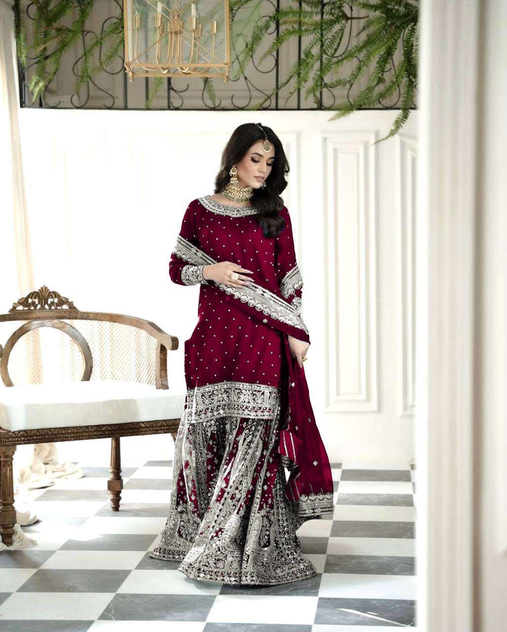 Maroon Designer Faux Georgette Embroidered Gharara Top and Dupatta