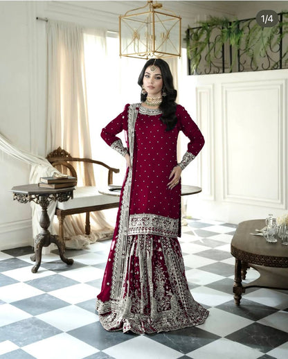 Maroon Designer Faux Georgette Embroidered Gharara Top and Dupatta