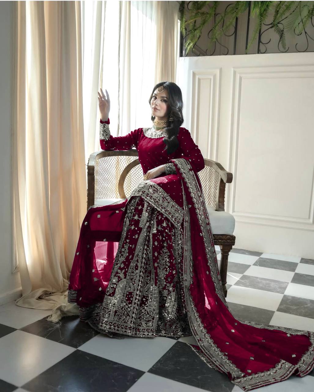 Maroon Designer Faux Georgette Embroidered Gharara Top and Dupatta