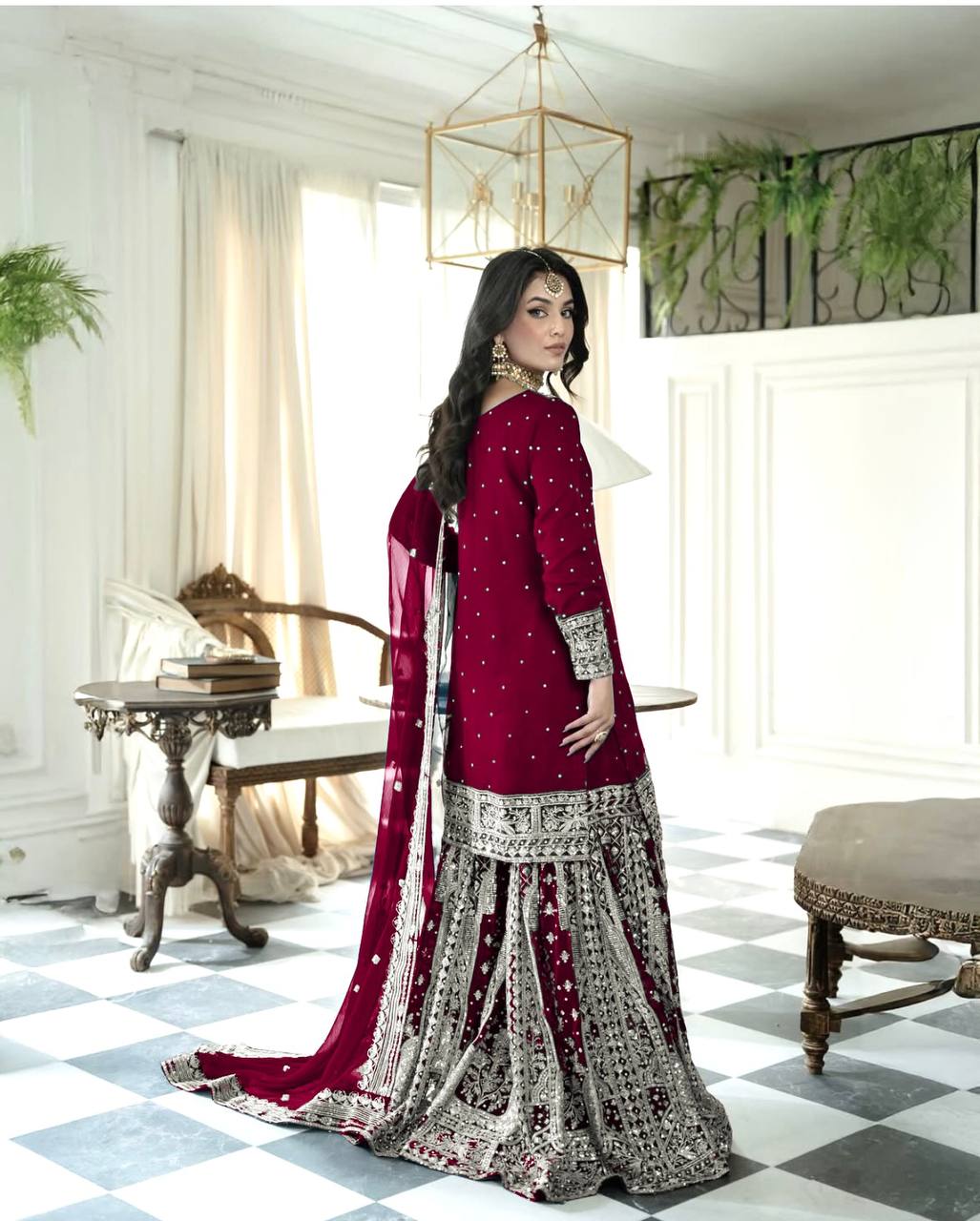 Maroon Designer Faux Georgette Embroidered Gharara Top and Dupatta