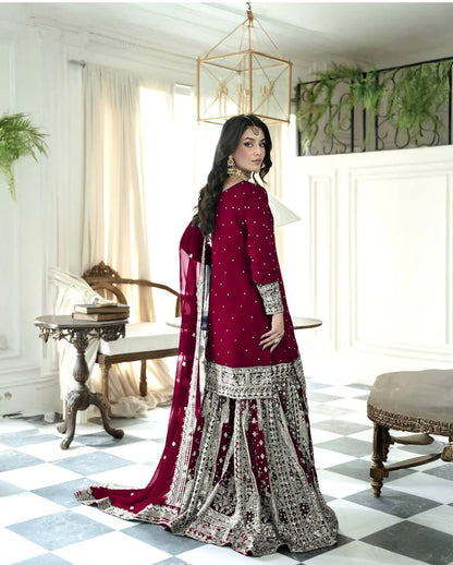 Maroon Designer Faux Georgette Embroidered Gharara Top and Dupatta