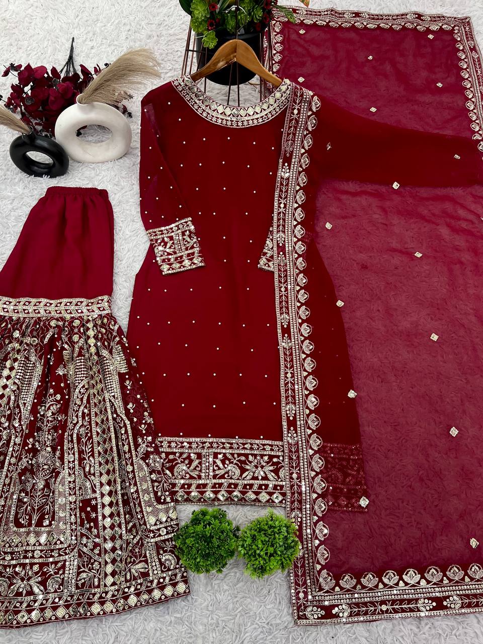 Maroon Designer Faux Georgette Embroidered Gharara Top and Dupatta