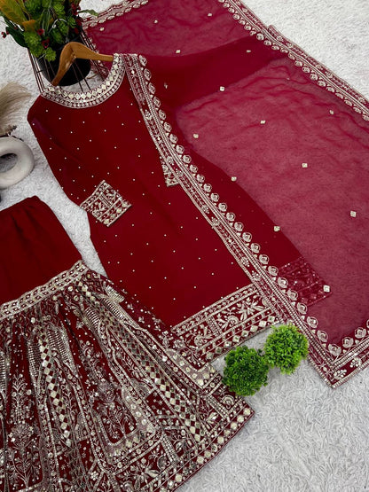Maroon Designer Faux Georgette Embroidered Gharara Top and Dupatta