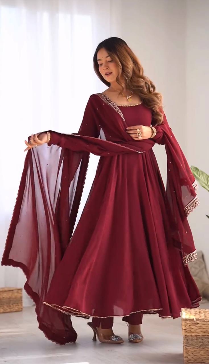 Maroon Designer Faux Georgette Embroidered Gown Pant and Dupatta
