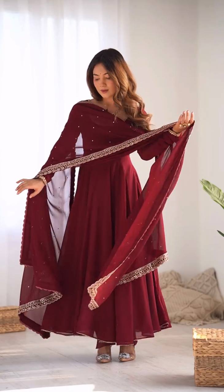 Maroon Designer Faux Georgette Embroidered Gown Pant and Dupatta