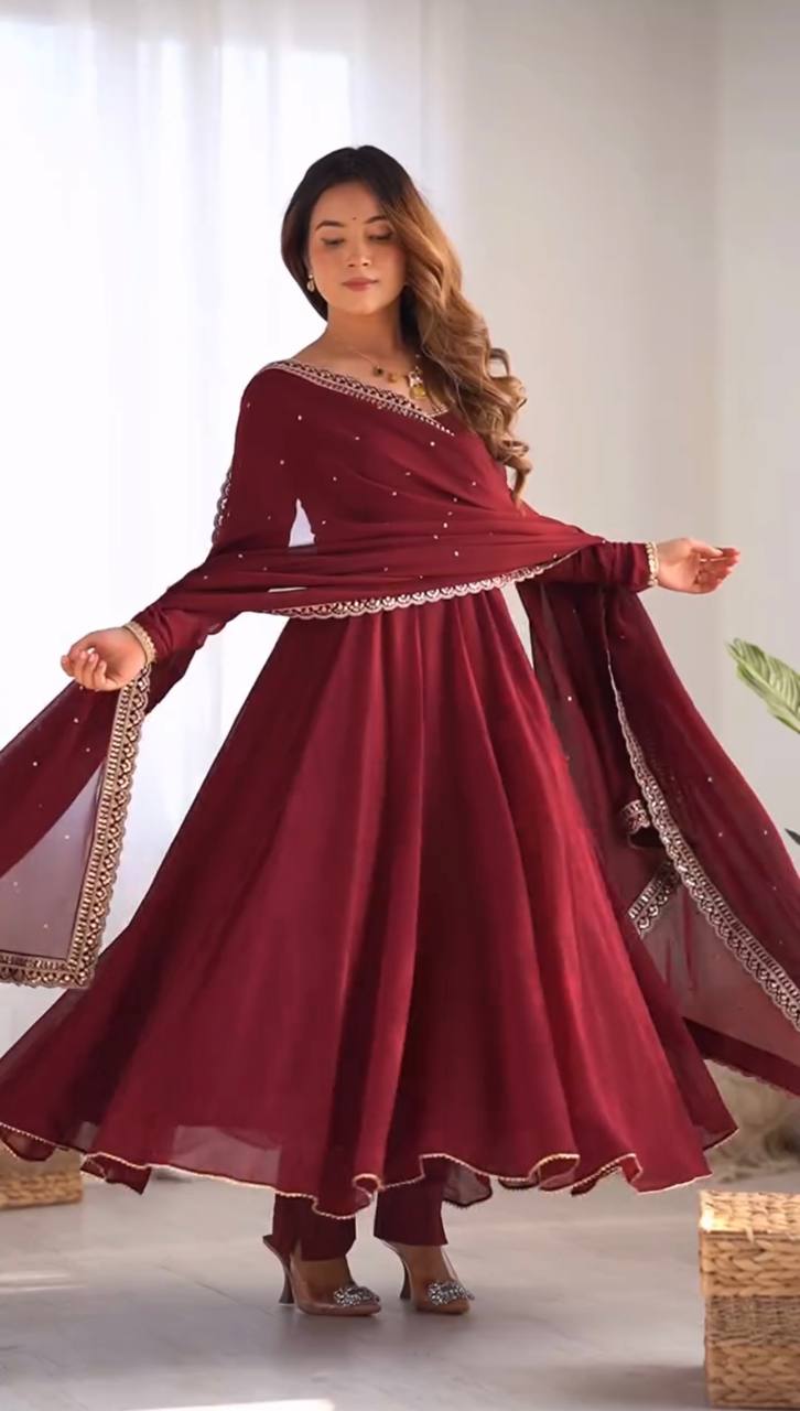 Maroon Designer Faux Georgette Embroidered Gown Pant and Dupatta