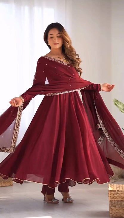 Maroon Designer Faux Georgette Embroidered Gown Pant and Dupatta
