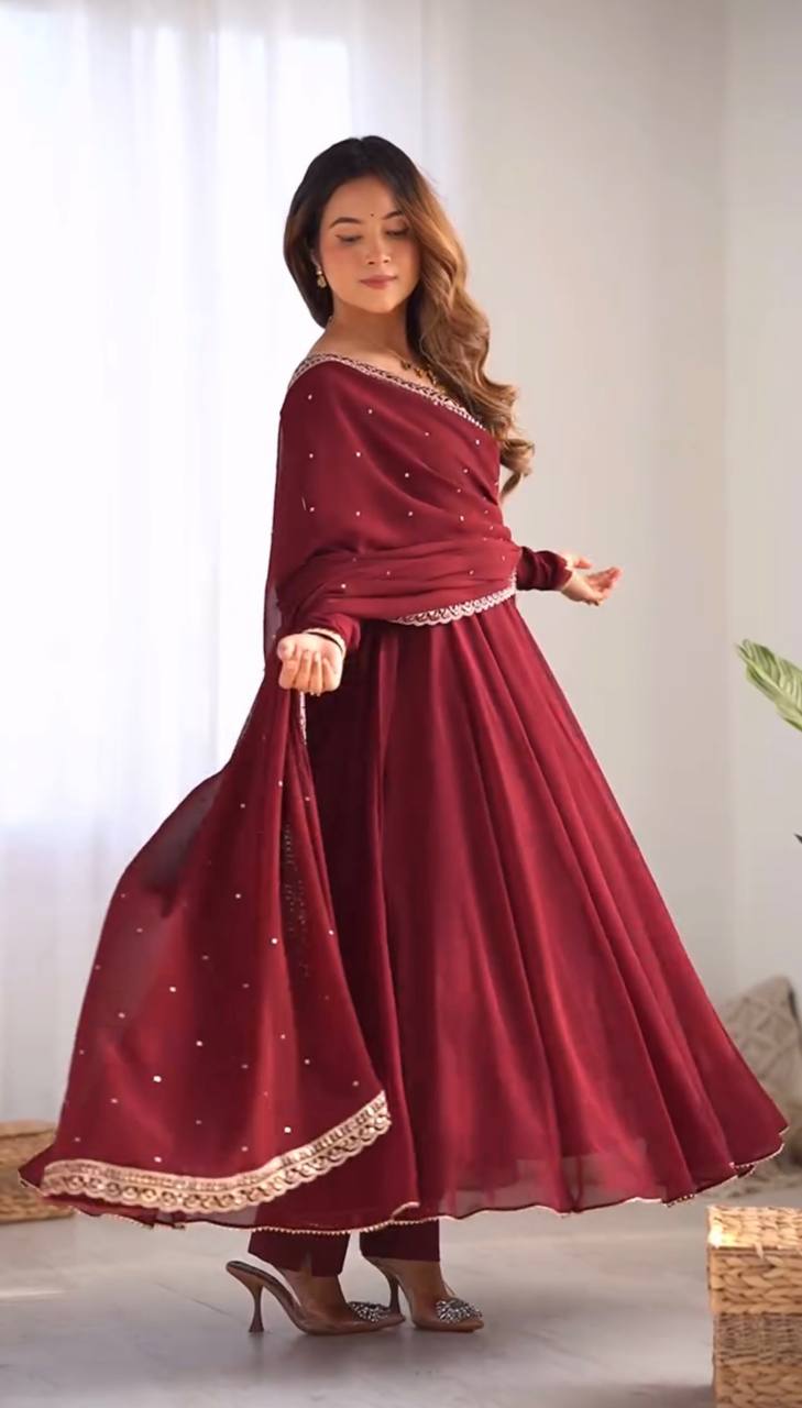 Maroon Designer Faux Georgette Embroidered Gown Pant and Dupatta