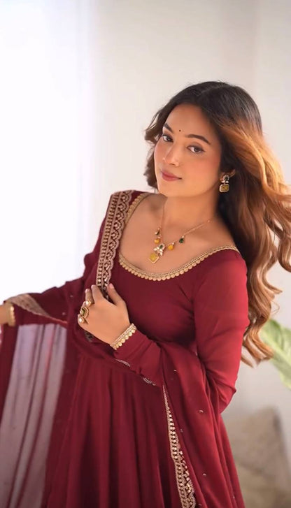 Maroon Designer Faux Georgette Embroidered Gown Pant and Dupatta
