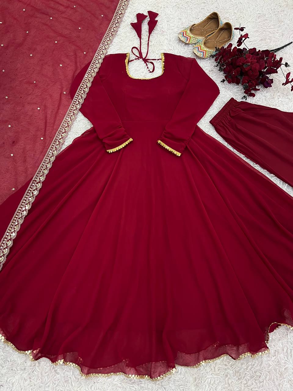 Maroon Designer Faux Georgette Embroidered Gown Pant and Dupatta