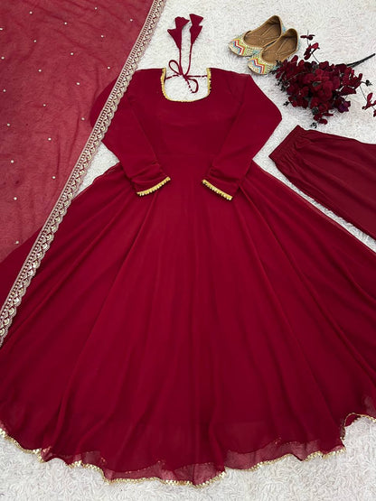 Maroon Designer Faux Georgette Embroidered Gown Pant and Dupatta