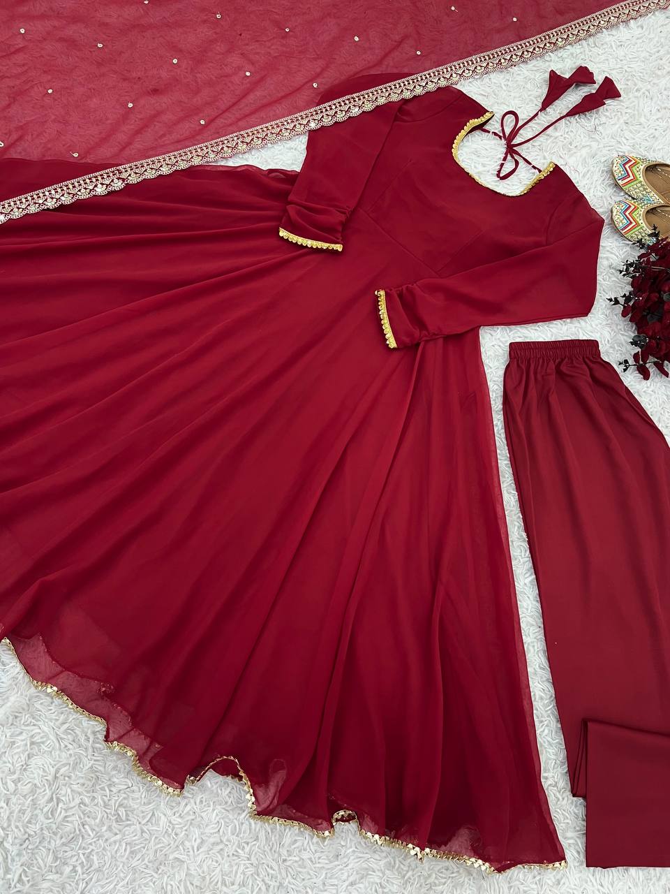 Maroon Designer Faux Georgette Embroidered Gown Pant and Dupatta