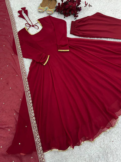 Maroon Designer Faux Georgette Embroidered Gown Pant and Dupatta