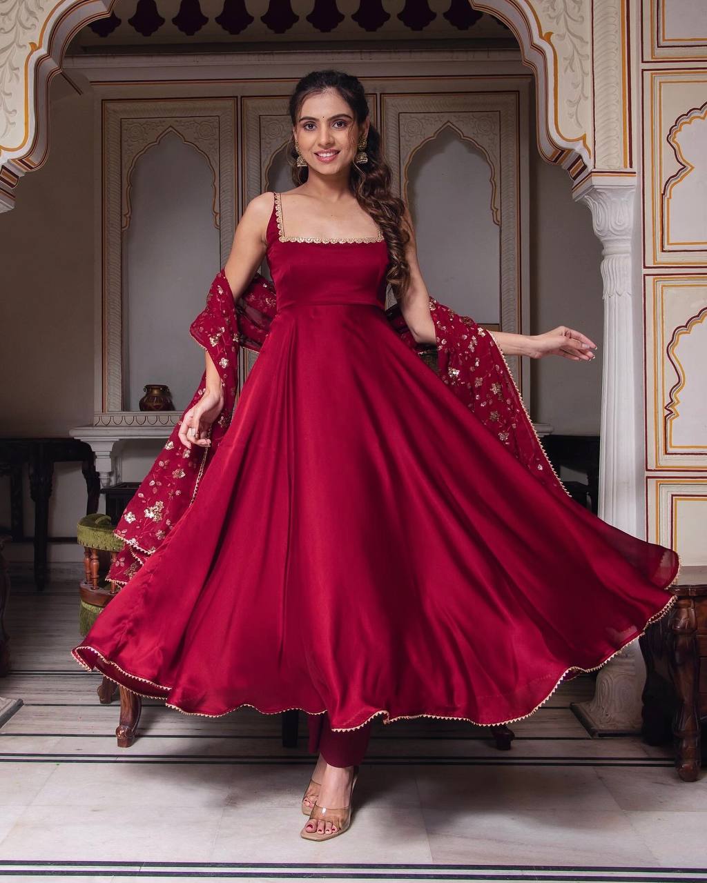 Maroon Designer Faux Georgette Flared Gown and Dupatta For Party Wear
