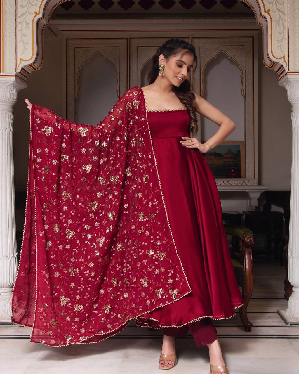 Maroon Designer Faux Georgette Flared Gown and Dupatta For Party Wear