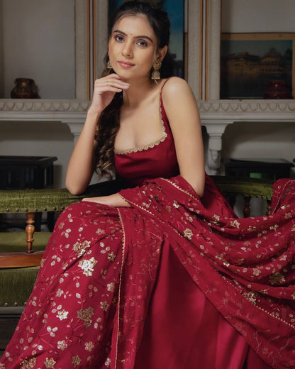 Maroon Designer Faux Georgette Flared Gown and Dupatta For Party Wear