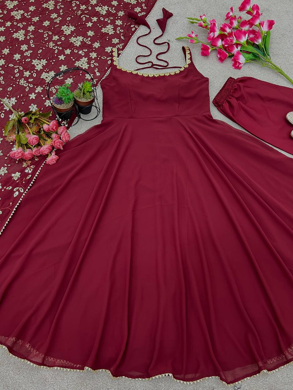 Maroon Designer Faux Georgette Flared Gown and Dupatta For Party Wear