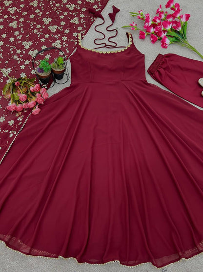 Maroon Designer Faux Georgette Flared Gown and Dupatta For Party Wear