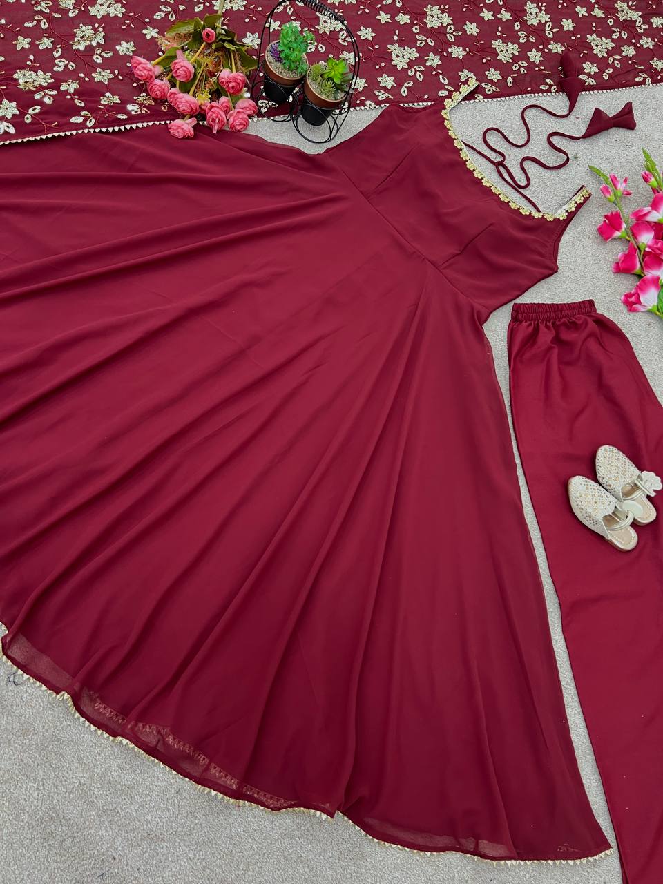 Maroon Designer Faux Georgette Flared Gown and Dupatta For Party Wear