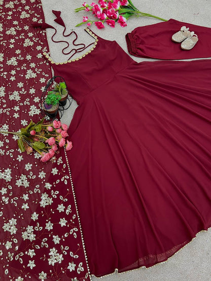 Maroon Designer Faux Georgette Flared Gown and Dupatta For Party Wear