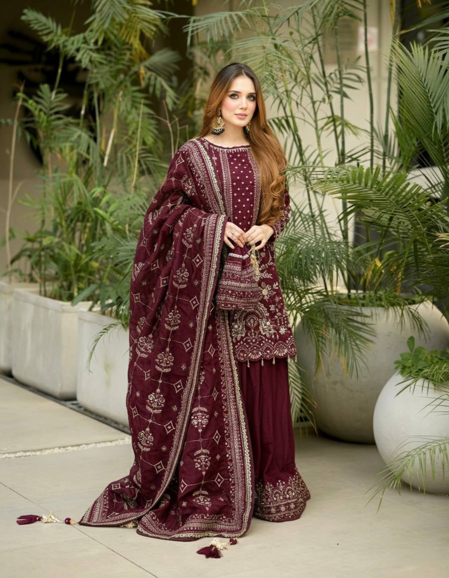 Maroon Designer Faux Georgette Plazzo Top and Dupatta For Party Wear